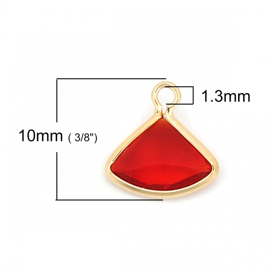 Picture of Brass Charms Fan-shaped 18K Real Gold Plated Faceted Red Acrylic Rhinestone 10mm( 3/8") x 10mm( 3/8"), 3 PCs                                                                                                                                                  