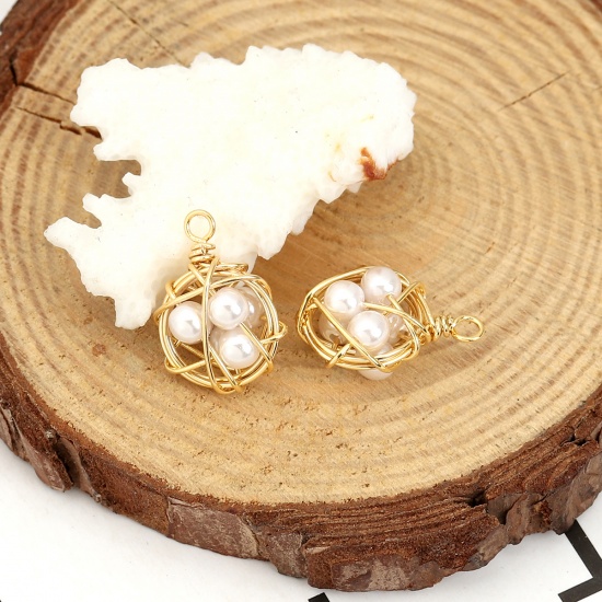 Picture of Acrylic & Copper Metallic Wire Charms Ball 18K Real Gold Plated White Imitation Pearl 18mm( 6/8") x 13mm( 4/8"), 1 Piece