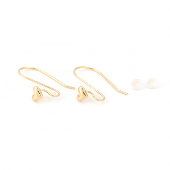 Picture of Brass Ear Wire Hooks Earring Findings 18K Real Gold Plated Heart 21mm( 7/8") x 6mm( 2/8"), Post/ Wire Size: (21 gauge), 6 PCs                                                                                                                                 