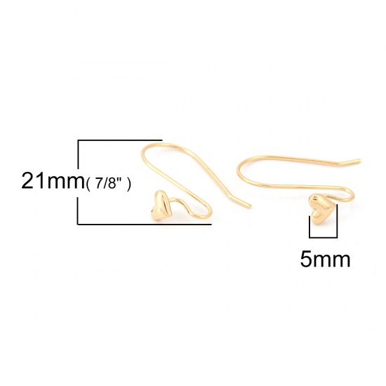 Picture of Brass Ear Wire Hooks Earring Findings 18K Real Gold Plated Heart 21mm( 7/8") x 6mm( 2/8"), Post/ Wire Size: (21 gauge), 6 PCs                                                                                                                                 