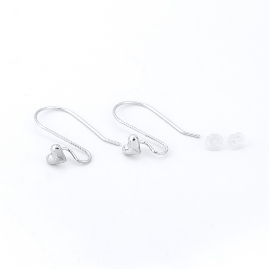 Picture of Copper Ear Wire Hooks Earrings For DIY Jewelry Making Accessories Real Platinum Plated Heart 21mm x 6mm, Post/ Wire Size: (21 gauge), 6 PCs