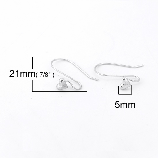 Picture of Brass Ear Wire Hooks Earrings For DIY Jewelry Making Accessories Real Platinum Plated Heart 21mm x 6mm, Post/ Wire Size: (21 gauge), 6 PCs                                                                                                                    