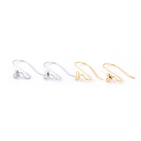 Picture of Brass Ear Wire Hooks Earrings For DIY Jewelry Making Accessories Real Platinum Plated Heart 21mm x 6mm, Post/ Wire Size: (21 gauge), 6 PCs                                                                                                                    