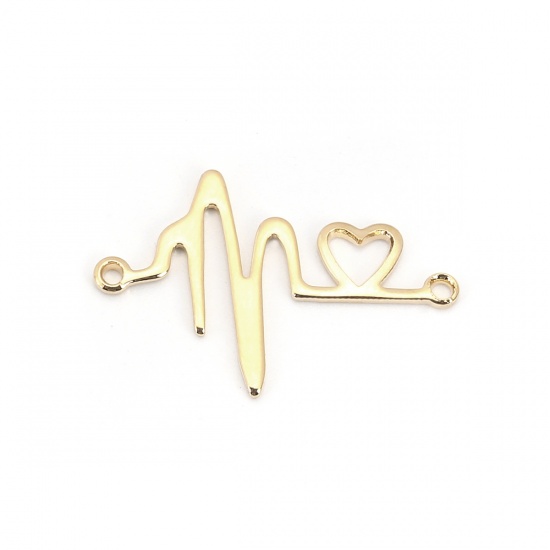 Picture of Brass Connectors Heartbeat/ Electrocardiogram 18K Real Gold Plated Heart 27mm(1 1/8") x 19mm( 6/8"), 5 PCs                                                                                                                                                    