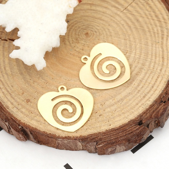 Picture of Brass Charms Heart 18K Real Gold Plated Spiral 20mm( 6/8") x 19mm( 6/8"), 3 PCs                                                                                                                                                                               