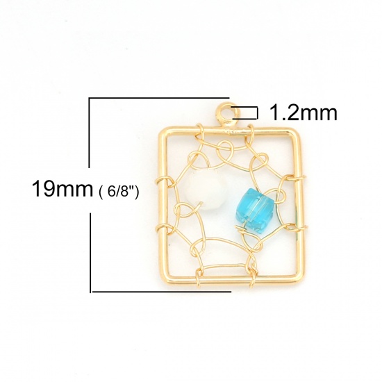 Picture of Acrylic & Brass Metallic Wire Charms Rectangle 18K Real Gold Plated Blue 19mm( 6/8") x 15mm( 5/8"), 1 Piece                                                                                                                                                   