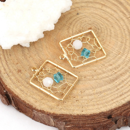 Picture of Acrylic & Copper Metallic Wire Charms Rectangle 18K Real Gold Plated Blue 19mm( 6/8") x 15mm( 5/8"), 1 Piece