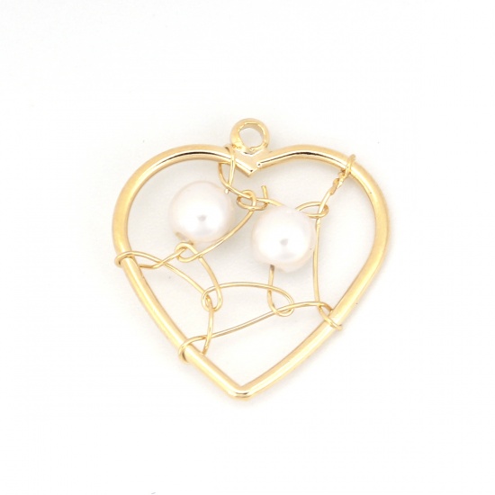 Picture of Acrylic & Brass Metallic Wire Charms Heart 18K Real Gold Plated White Imitation Pearl 18mm( 6/8") x 17mm( 5/8"), 1 Piece                                                                                                                                      