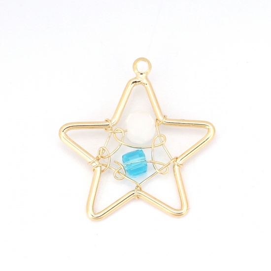 Picture of Acrylic & Copper Metallic Wire Charms Pentagram Star 18K Real Gold Plated White & Blue 21mm( 7/8") x 20mm( 6/8"), 1 Piece