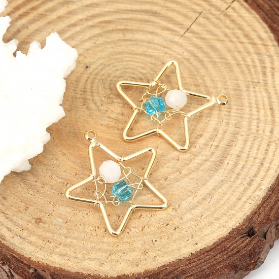 Picture of Acrylic & Brass Metallic Wire Charms Pentagram Star 18K Real Gold Plated White & Blue 21mm( 7/8") x 20mm( 6/8"), 1 Piece                                                                                                                                      