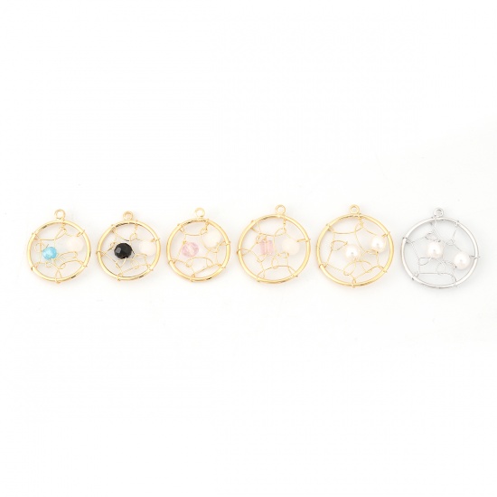 Picture of Acrylic & Brass Metallic Wire Charms Round 18K Real Gold Plated White & Blue 18mm( 6/8") x 15mm( 5/8"), 1 Piece                                                                                                                                               