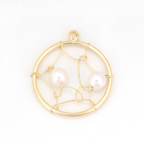 Picture of Acrylic & Copper Metallic Wire Charms Round 18K Real Gold Plated White Imitation Pearl 21mm( 7/8") x 18mm( 6/8"), 1 Piece