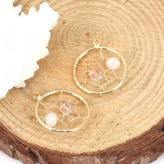 Picture of Acrylic & Brass Metallic Wire Charms Round 18K Real Gold Plated White 20mm( 6/8") x 18mm( 6/8"), 1 Piece                                                                                                                                                      