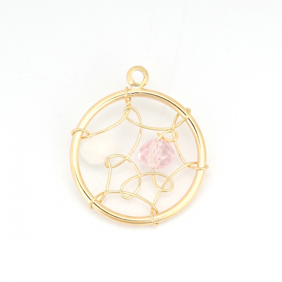 Picture of Acrylic & Copper Metallic Wire Charms Round 18K Real Gold Plated White & Pink 18mm( 6/8") x 15mm( 5/8"), 1 Piece
