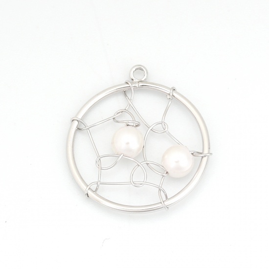 Picture of Acrylic & Copper Metallic Wire Charms Round 18K Real Platinum Plated White Imitation Pearl 20mm( 6/8") x 18mm( 6/8"), 1 Piece