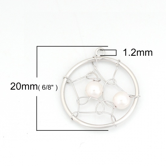 Picture of Acrylic & Copper Metallic Wire Charms Round 18K Real Platinum Plated White Imitation Pearl 20mm( 6/8") x 18mm( 6/8"), 1 Piece