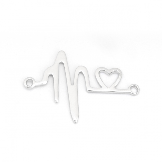 Picture of Brass Connectors Heartbeat/ Electrocardiogram 18K Real Platinum Plated Heart 27mm(1 1/8") x 19mm( 6/8"), 5 PCs                                                                                                                                                