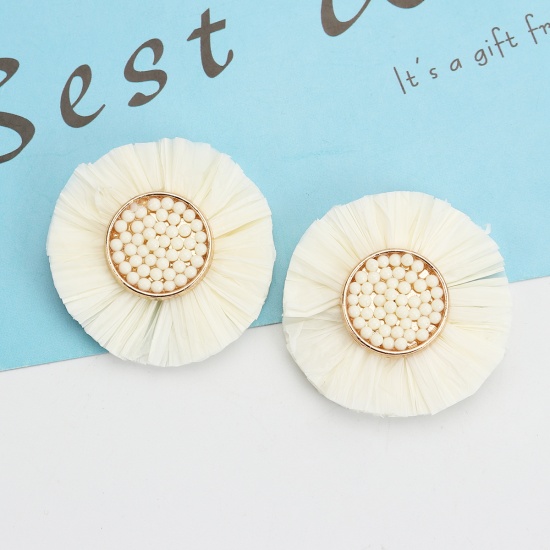 Picture of Raffia Paper Seed Beads For DIY & Craft Creamy-White Tassel Flower 3.6cm(1 3/8") Dia., 1 Piece
