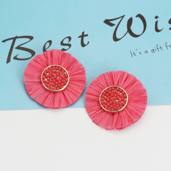 Picture of Raffia Paper Seed Beads For DIY & Craft Watermelon Red Tassel Flower 3.6cm(1 3/8") Dia., 1 Piece