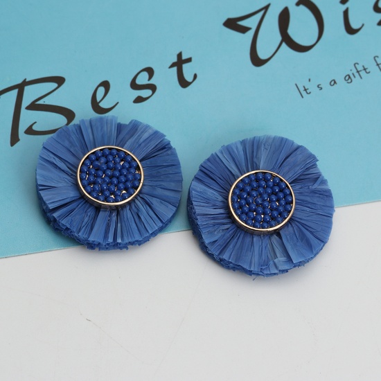 Picture of Raffia Paper Seed Beads For DIY & Craft Blue Tassel Flower 3.6cm(1 3/8") Dia., 1 Piece