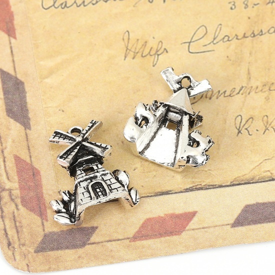 Picture of Zinc Based Alloy Charms Windmill Antique Silver 18mm( 6/8") x 16mm( 5/8"), 20 PCs