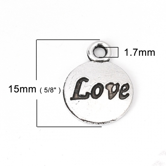 Immagine di Lega di Zinco Charms Tondo Argento Antico Lettere " LOVE " 15mm x 12mm , 100 Pz