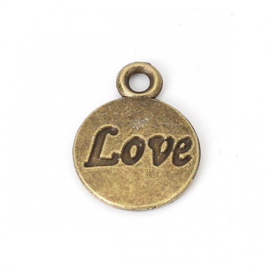 Picture of Zinc Based Alloy Charms Round Antique Bronze Message " LOVE " 15mm( 5/8") x 12mm( 4/8"), 100 PCs