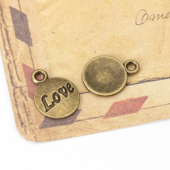 Immagine di Lega di Zinco Charms Tondo Bronzo Antico Lettere " LOVE " 15mm x 12mm , 100 Pz