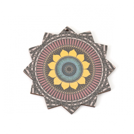 Picture of Wood Pendants Flower Multicolor 60mm(2 3/8") x 60mm(2 3/8"), 10 PCs