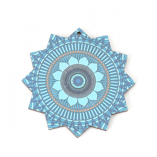Picture of Wood Pendants Flower Blue 60mm(2 3/8") x 60mm(2 3/8"), 10 PCs