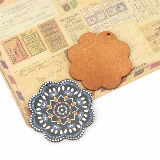 Picture of Natural Wood Pendants Flower Multicolor 62mm(2 4/8") x 62mm(2 4/8"), 10 PCs