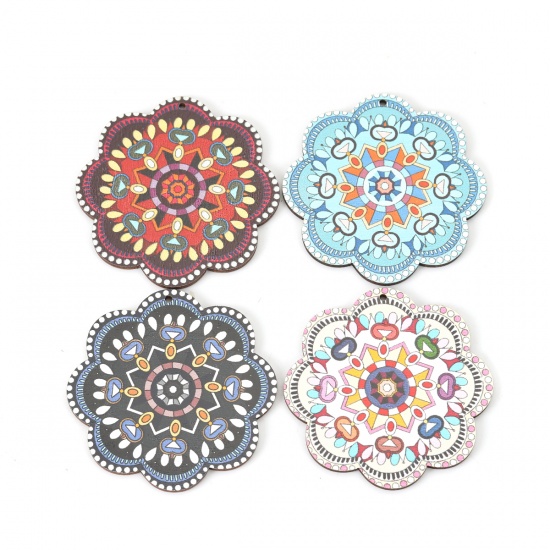 Picture of Natural Wood Pendants Flower Multicolor 62mm(2 4/8") x 62mm(2 4/8"), 10 PCs