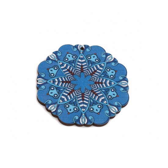Picture of Wood Pendants Flower Blue 59mm(2 3/8") x 59mm(2 3/8"), 10 PCs