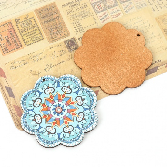 Picture of Natural Wood Pendants Flower Light Blue 62mm(2 4/8") x 62mm(2 4/8"), 10 PCs