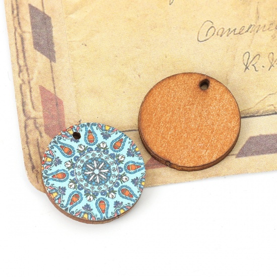 Picture of Natural Wood Charms Round Light Blue Flower 20mm( 6/8") Dia, 20 PCs