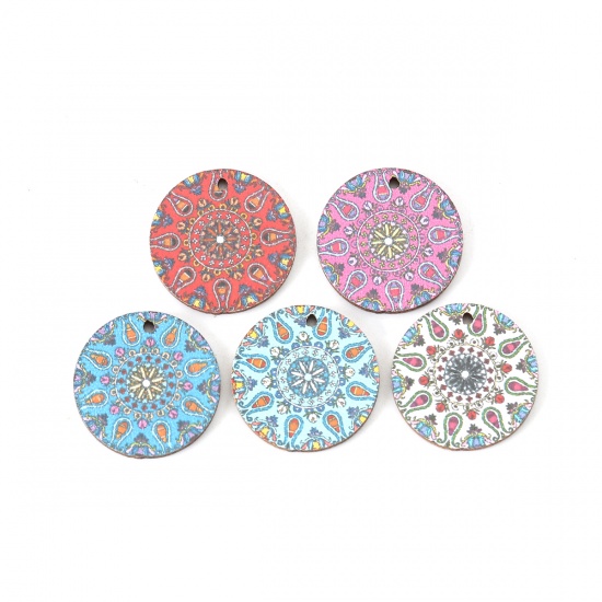 Picture of Natural Wood Charms Round Light Blue Flower 20mm( 6/8") Dia, 20 PCs