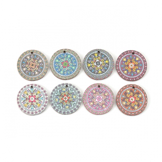 Picture of Natural Wood Charms Round Multicolor Flower 20mm( 6/8") Dia, 20 PCs