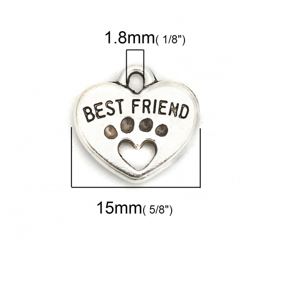 Picture of Zinc Based Alloy Pet Memorial Charms Heart Antique Silver Message " Best Friends " 15mm x 15mm, 20 PCs