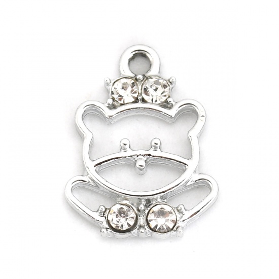 Picture of Zinc Based Alloy Charms Bear Animal Silver Plated Clear Rhinestone 19mm( 6/8") x 15mm( 5/8"), 20 PCs