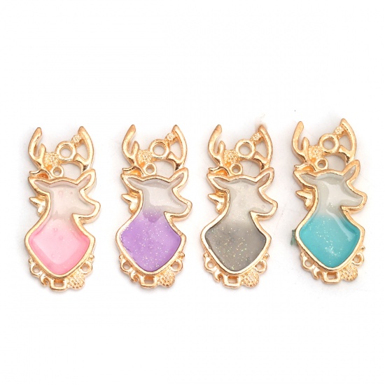 Picture of Zinc Based Alloy Charms Christmas Reindeer Gold Plated White & Blue Glitter Enamel 29mm(1 1/8") x 13mm( 4/8"), 10 PCs