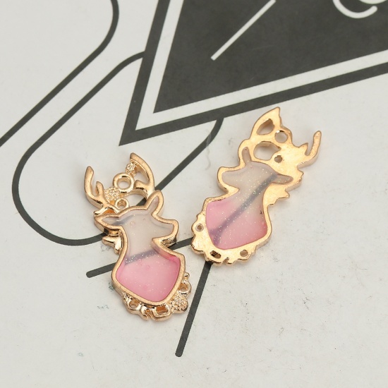 Picture of Zinc Based Alloy Charms Christmas Reindeer Gold Plated White & Pink Glitter Enamel 29mm(1 1/8") x 13mm( 4/8"), 10 PCs