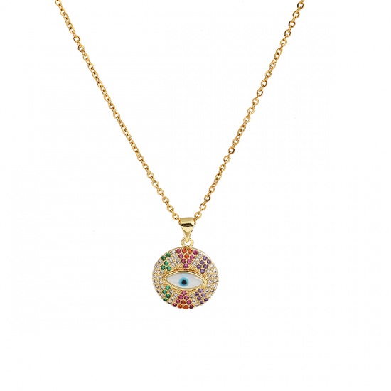 Bild von 316 Edelstahl Micro Pave Halskette Vergoldet Rund Auge Bunt Zirkon 45cm lang, 1 Strang”