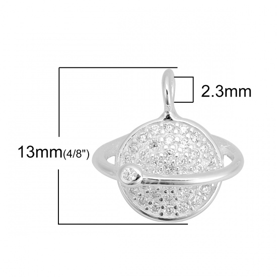 Picture of Sterling Silver Charms Silver Universe Planet Micro Pave Clear Rhinestone 13mm( 4/8") x 13mm( 4/8"), 1 Piece