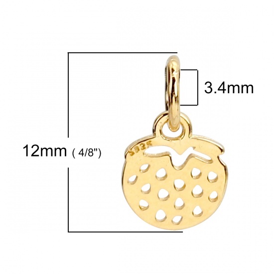 Picture of Sterling Silver Charms Gold Plated Strawberry Fruit W/ Jump Ring 12mm( 4/8") x 7mm( 2/8"), 1 Piece