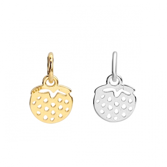 Picture of Sterling Silver Charms Gold Plated Strawberry Fruit W/ Jump Ring 12mm( 4/8") x 7mm( 2/8"), 1 Piece