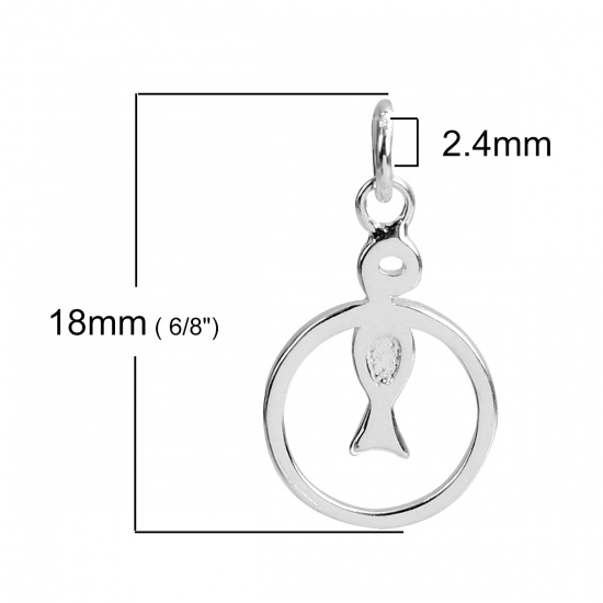 Picture of Sterling Silver Charms Silver Round Fish W/ Jump Ring 18mm( 6/8") x 9mm( 3/8"), 1 Piece