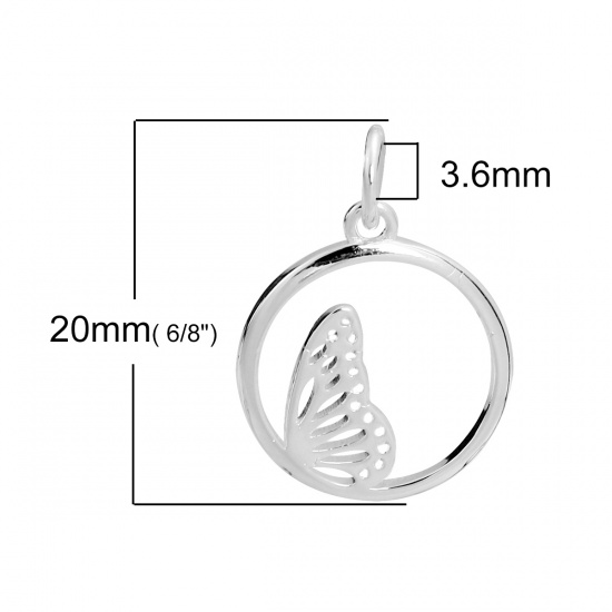 Picture of Sterling Silver Charms Silver Round Butterfly W/ Jump Ring 20mm( 6/8") x 14mm( 4/8"), 1 Piece