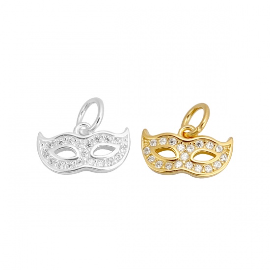Picture of Sterling Silver Charms Gold Plated Mask Micro Pave W/ Loop Clear Rhinestone 10mm( 3/8") x 9mm( 3/8"), 1 Piece