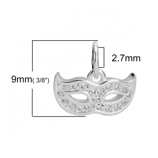 Picture of Sterling Silver Charms Silver Mask Micro Pave W/ Loop Clear Rhinestone 10mm( 3/8") x 9mm( 3/8"), 1 Piece