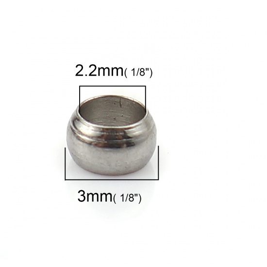 Picture of Stainless Steel Crimp Beads Cylinder Silver Tone 3mm( 1/8") x 2mm( 1/8"), Hole: Approx 2.2mm, 100 PCs